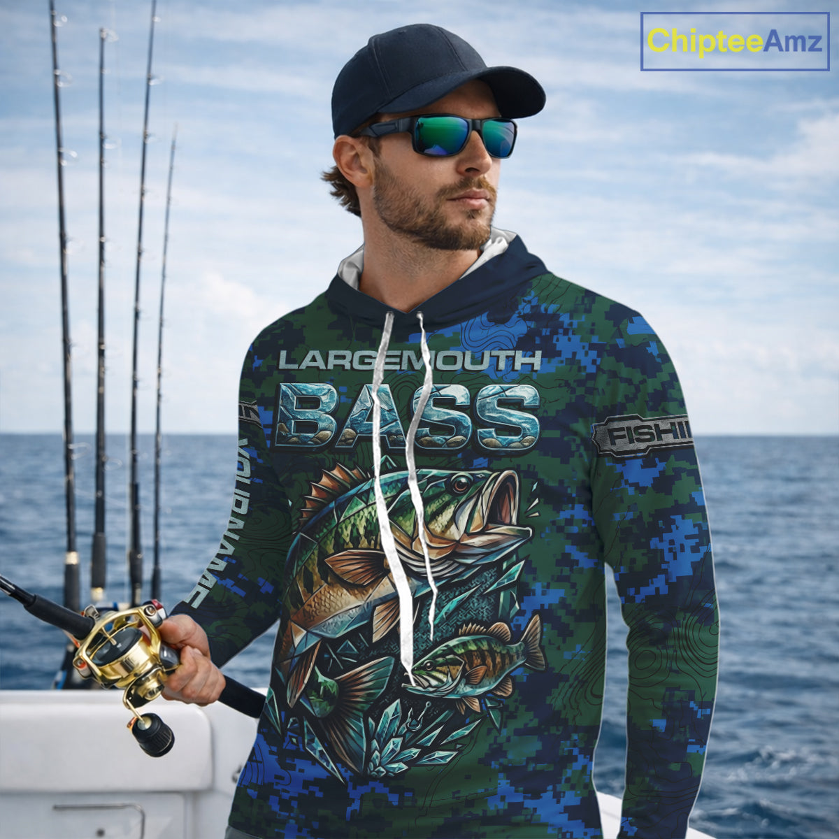 Green Camo Bass Fishing Shirt Long Sleeve Hooded, Bass Fishing Jersey, Performance Fishing Apparel NHT877