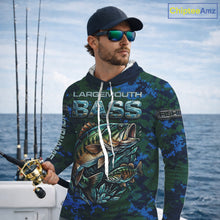 Load image into Gallery viewer, Green Camo Bass Fishing Shirt Long Sleeve Hooded, Bass Fishing Jersey, Performance Fishing Apparel NHT877