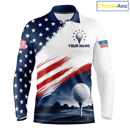 Patriotic American Flag Golf Polo Shirt For Men –  Red White Blue Golf Apparel 