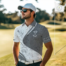 Load image into Gallery viewer, Mens Disc Golf Polo Shirt Gray Camo Disc Golf Basket, Personalized Disc Golf Shirts NHT896