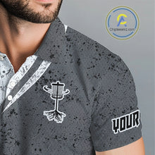 Load image into Gallery viewer, Mens Disc Golf Polo Shirt Gray Camo Disc Golf Basket, Personalized Disc Golf Shirts NHT896
