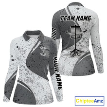 Load image into Gallery viewer, Womens Disc Golf Polo Shirt Gray Camo Disc Golf Basket, Personalized Disc Golf Shirts NHT896