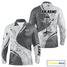 Load image into Gallery viewer, Mens Disc Golf Polo Shirt Gray Camo Disc Golf Basket, Personalized Disc Golf Shirts NHT896