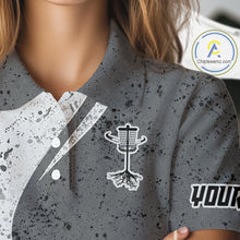 Load image into Gallery viewer, Womens Disc Golf Polo Shirt Gray Camo Disc Golf Basket, Personalized Disc Golf Shirts NHT896