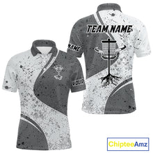 Load image into Gallery viewer, Mens Disc Golf Polo Shirt Gray Camo Disc Golf Basket, Personalized Disc Golf Shirts NHT896