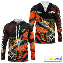Load image into Gallery viewer, Personalized Walleye Fishing Long Sleeve Hooded Tournament Shirt For Men, Performance Fishing Shirt NHT461