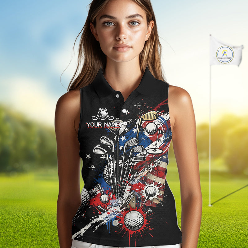 Patriotic Womens Sleeveless Golf Polo Shirt Custom USA Flag Golf Shirt, Golf Apparel Gift For Golfers NHT904