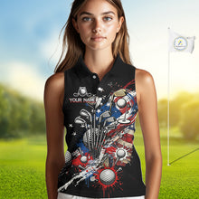 Load image into Gallery viewer, Patriotic Womens Sleeveless Golf Polo Shirt Custom USA Flag Golf Shirt, Golf Apparel Gift For Golfers NHT904