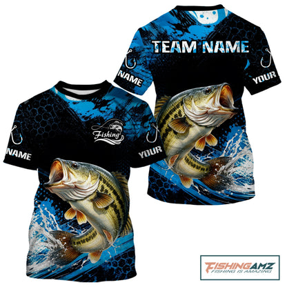 Back view of custom bass fishing shirt made from breathable polyester with UPF 30+ sun protection.