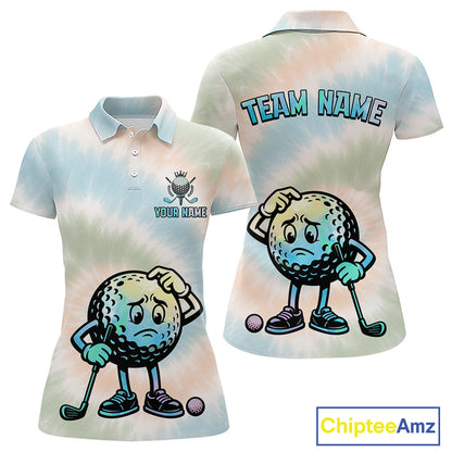 Funny Tie Dye Womens Golf Team Polo Shirt – Cartoon Golf Ball Golfer Shirt, Personalized Golf Family Team Shirt  NHT741