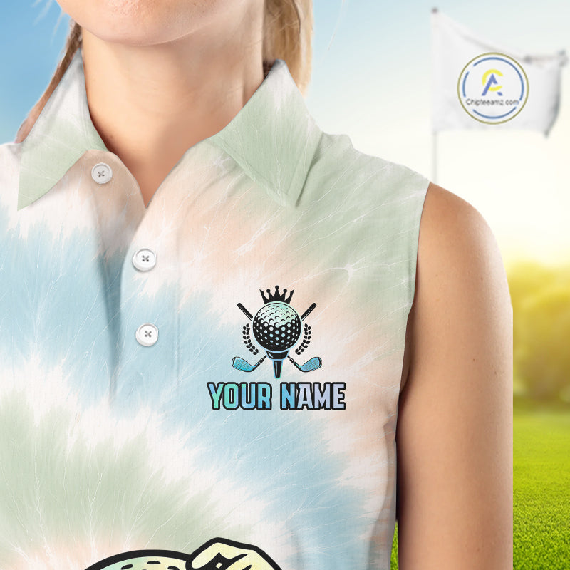 Funny Tie Dye Sleeveless Womens Golf Team Polo Shirt – Cartoon Golf Ball Golfer Shirt, Personalized Golf Family Team Shirt NHT741