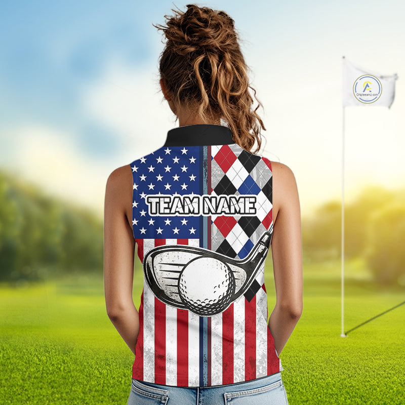 Personalized Sleeveless Womens Golf Polo Shirt American Flag Patriotic Golf Shirts Golf Gifts For Womens NHT746