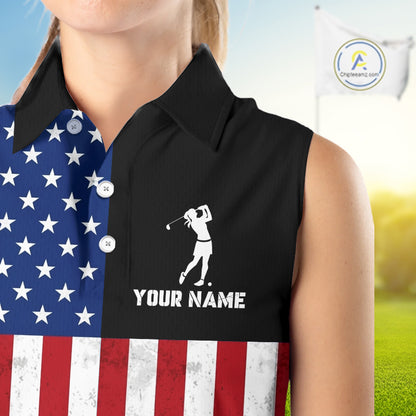 Personalized Sleeveless Womens Golf Polo Shirt American Flag Patriotic Golf Shirts Golf Gifts For Womens NHT746