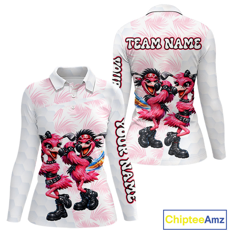 Personalized Funny Flamingo Rockstar Couple Womens Golf Polo Shirt, Custom Name Matching Couple Golf Shirt NHT748