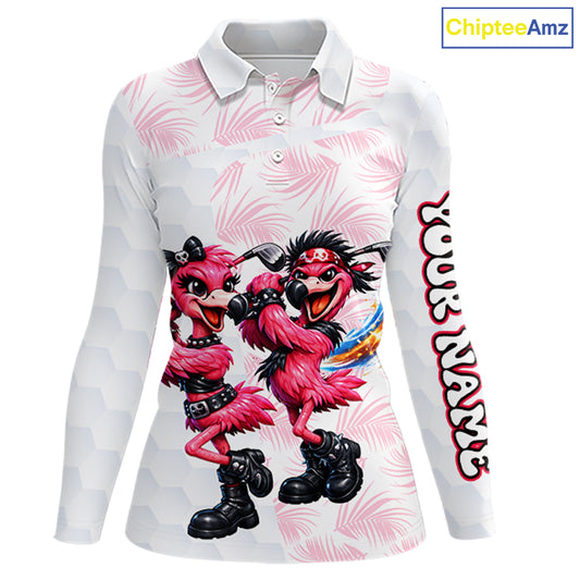 Personalized Funny Flamingo Rockstar Couple Womens Golf Polo Shirt, Custom Name Matching Couple Golf Shirt NHT748