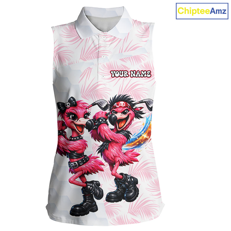Personalized Funny Flamingo Rockstar Couple Sleeveless Womens Golf Polo Shirt, Custom Name Matching Couple Golf Shirt NHT748