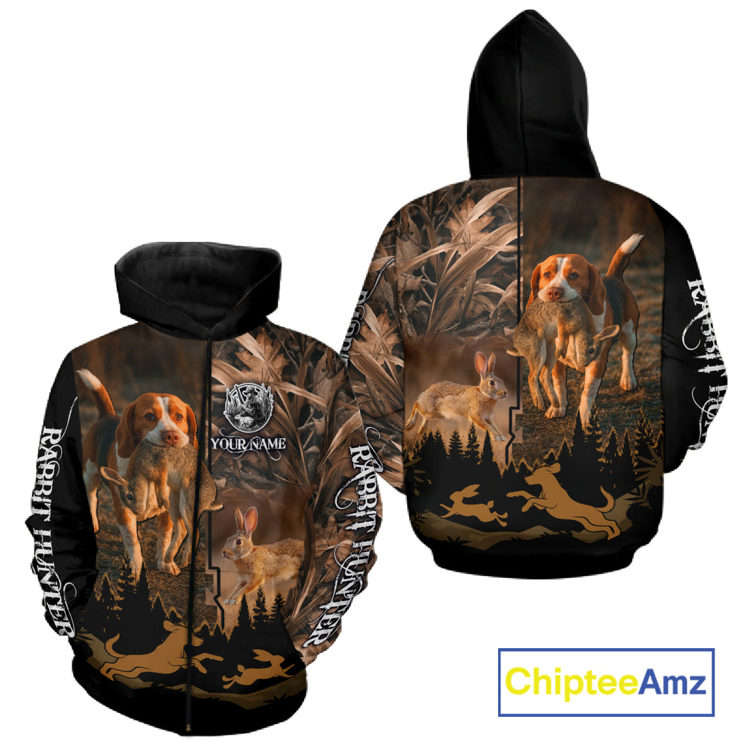 Best Brown Camo 3D Beagle Dog Rabbit Hunting Shirt, Custom Name Rabbit Hunter Clothing NHT231