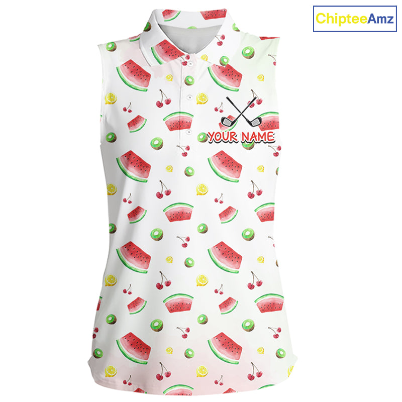 Funny Watermelon Pattern Sleeveless Womens Polo Shirt, Long Sleeve Golf Polo Shirt Custom Watermelon Pattern Team Golf Top NHT757