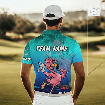 Personalized Flamingo Mens Golf Polo Shirt Custom Name And Team Teal Blue Funny Ocean Tropical Golf Outfit NHT1235