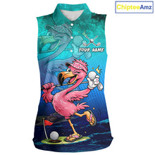 Load image into Gallery viewer, Personalized Flamingo Womens Sleeveless Golf Polo Shirt Custom Name And Team Teal Blue Funny Ocean Tropical Golf Outfit NHT1235