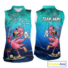 Load image into Gallery viewer, Personalized Flamingo Womens Sleeveless Golf Polo Shirt Custom Name And Team Teal Blue Funny Ocean Tropical Golf Outfit NHT1235