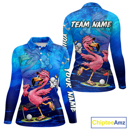 Personalized Flamingo Womens Golf Polo Shirt Custom Name And Team Royal Blue Funny Ocean Tropical Golf Outfit NHT1236