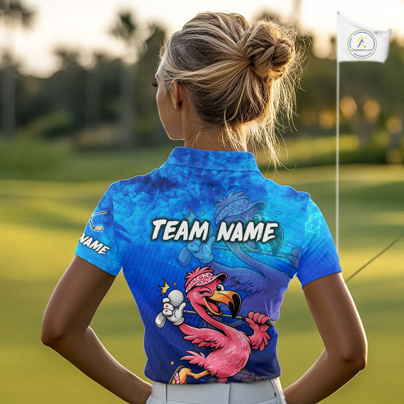 Personalized Flamingo Womens Golf Polo Shirt Custom Name And Team Royal Blue Funny Ocean Tropical Golf Outfit NHT1236