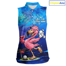 Load image into Gallery viewer, Personalized Flamingo Womens Sleeveless Golf Polo Shirt Custom Name And Team Royal Blue Funny Ocean Tropical Golf Outfit NHT1236