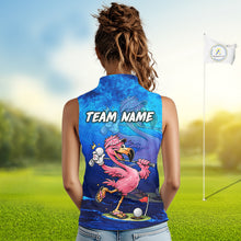 Load image into Gallery viewer, Personalized Flamingo Womens Sleeveless Golf Polo Shirt Custom Name And Team Royal Blue Funny Ocean Tropical Golf Outfit NHT1236