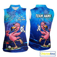 Load image into Gallery viewer, Personalized Flamingo Womens Sleeveless Golf Polo Shirt Custom Name And Team Royal Blue Funny Ocean Tropical Golf Outfit NHT1236