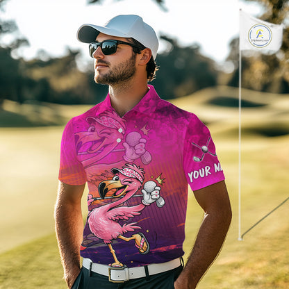 Personalized Flamingo Mens Golf Polo Shirt Custom Name And Team Hot Pink Funny Tropical Golf Outfit NHT1237
