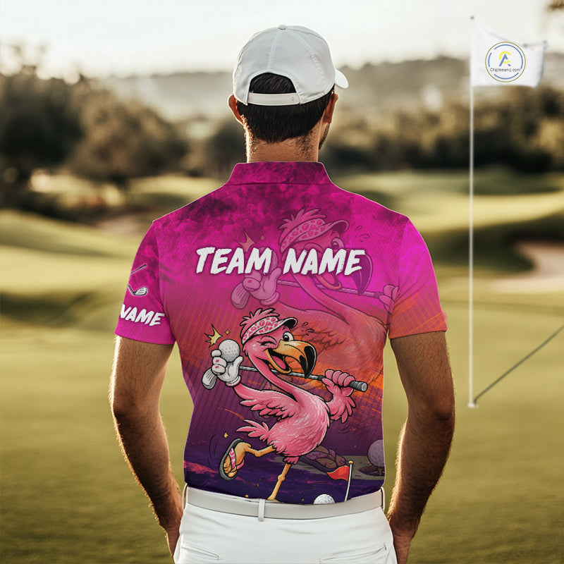 Personalized Flamingo Mens Golf Polo Shirt Custom Name And Team Hot Pink Funny Tropical Golf Outfit NHT1237
