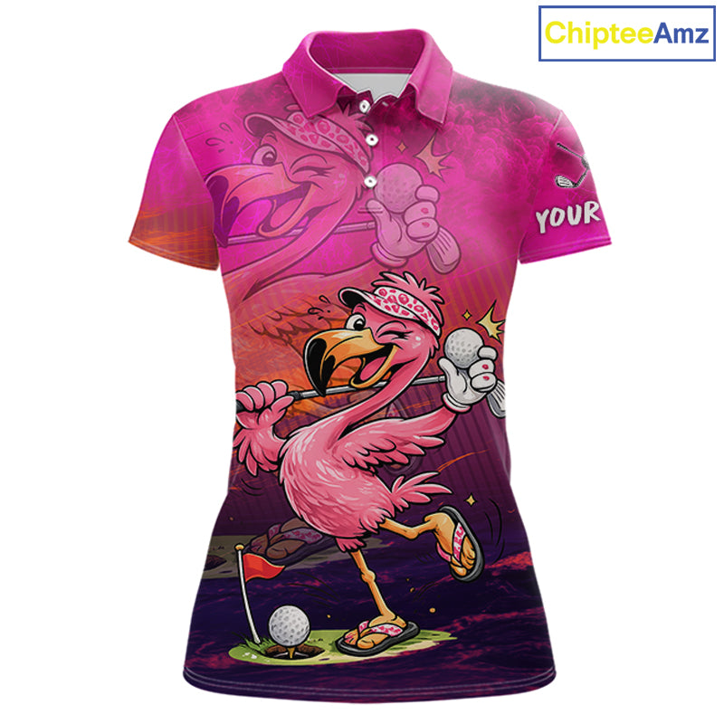 Personalized Flamingo Womens Golf Polo Shirt Custom Name And Team Hot Pink Funny Tropical Golf Outfit NHT1237