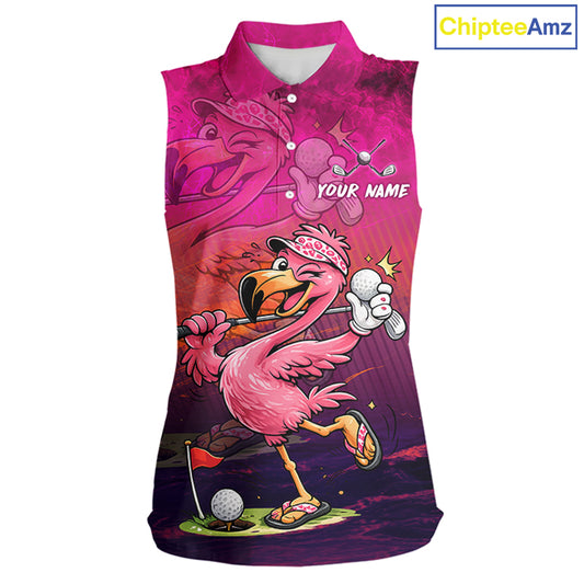 A sleeveless collared shirt with a vibrant pink and purple gradient design featuring a cartoon flamingo playing golf, with a customizable name placeholder on the chest. The ChipteeAmz logo is visible in the top right corner.