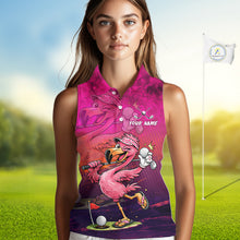 Load image into Gallery viewer, Personalized Flamingo Womens Sleeveless Golf Polo Shirt Custom Name And Team Hot Pink Funny Tropical Golf Outfit NHT1237