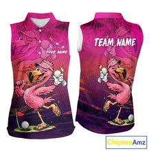 Load image into Gallery viewer, Personalized Flamingo Womens Sleeveless Golf Polo Shirt Custom Name And Team Hot Pink Funny Tropical Golf Outfit NHT1237