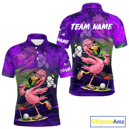 Personalized Flamingo Mens Golf Polo Shirt Custom Name And Team Purple Funny Tropical Golf Outfit NHT1238
