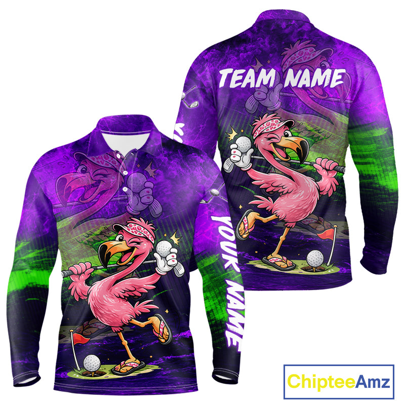 Personalized Flamingo Mens Golf Polo Shirt Custom Name And Team Purple Funny Tropical Golf Outfit NHT1238