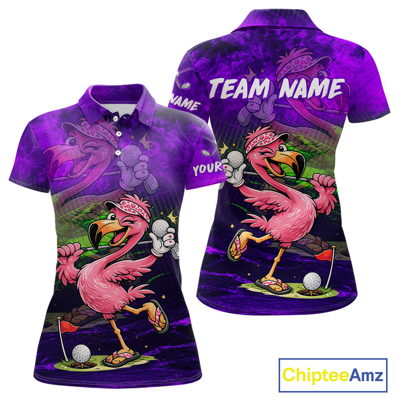Personalized Flamingo Womens Golf Polo Shirt Custom Name And Team Purple Funny Tropical Golf Outfit NHT1238