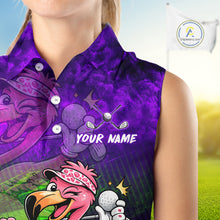 Load image into Gallery viewer, Personalized Flamingo Womens Sleeveless Golf Polo Shirt Custom Name And Team Purple Funny Tropical Golf Outfit NHT1238