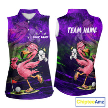 Load image into Gallery viewer, Personalized Flamingo Womens Sleeveless Golf Polo Shirt Custom Name And Team Purple Funny Tropical Golf Outfit NHT1238