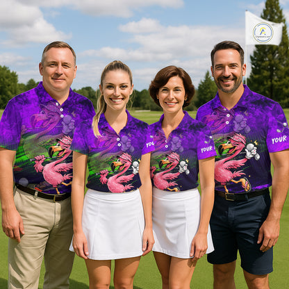 Personalized Flamingo Mens Golf Polo Shirt Custom Name And Team Purple Funny Tropical Golf Outfit NHT1238
