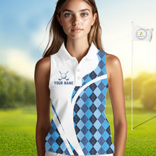 Load image into Gallery viewer, White And Green Argyle Pattern Womens Sleeveless Golf Polo Shirt Custom Golf Polo Best Golf Gifts NHT561