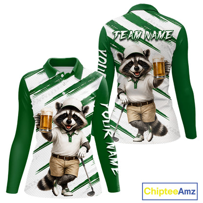Custom Funny Beer Raccoon Golf Jersey For Womens, Womens Golf Polo Shirt Black Beige Golf Tournament NHT936