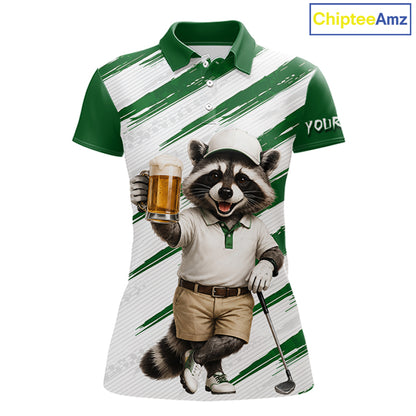 Custom Funny Beer Raccoon Golf Jersey For Womens, Womens Golf Polo Shirt Black Beige Golf Tournament NHT936