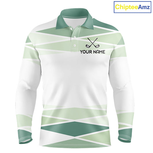 Personalized white green geometric golf polo shirt for men with custom team name
