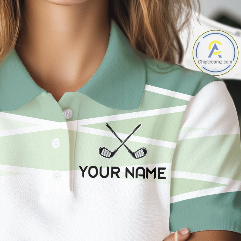 Personalized Golf Polo Shirt Custom Team Name White Green Geometric Golf Team Polo For Womens NHT943