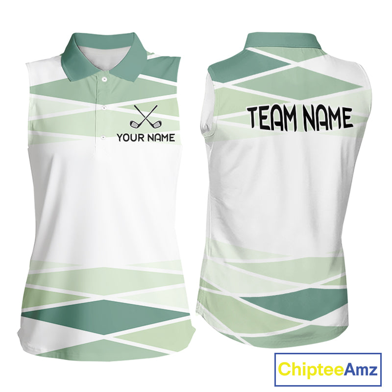 Personalized White Green Geometric Womens Sleeveless Golf Polo Shirt  Custom Team Name