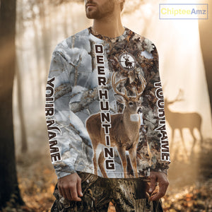 Best Deer Hunting Shirt With Whitetail Deer Winter Camo, Custom Name Deer Hunting Clothes NHT245