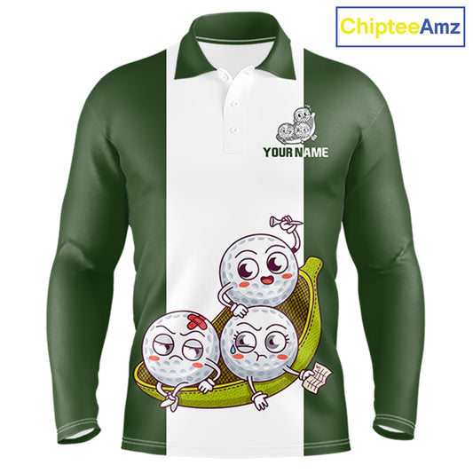 Mens Custom Green White Golf Team Polo Shirt, Funny Golf Ball Family Design, Matching Team Outfit NHT789